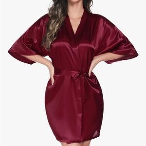 Elegant Burgundy Satin Kimono Robe